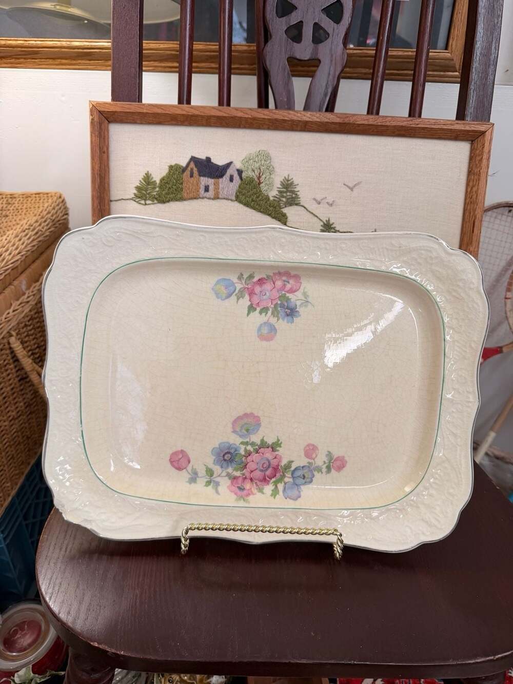 Vintage Floral Serving Platter Dish Embossed Ivory Porcelain Pink Blue Flowers